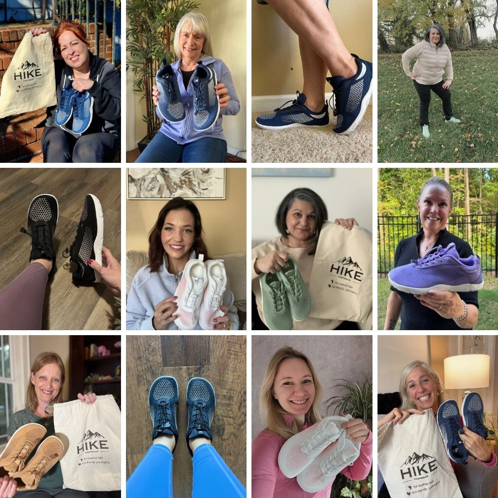 Collage of people holding various Hike shoes and bags.