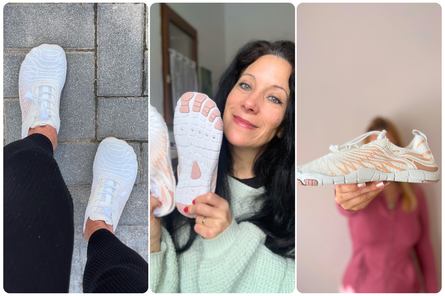Three images: man holding shoes, woman in garden, close-up of shoe sole.