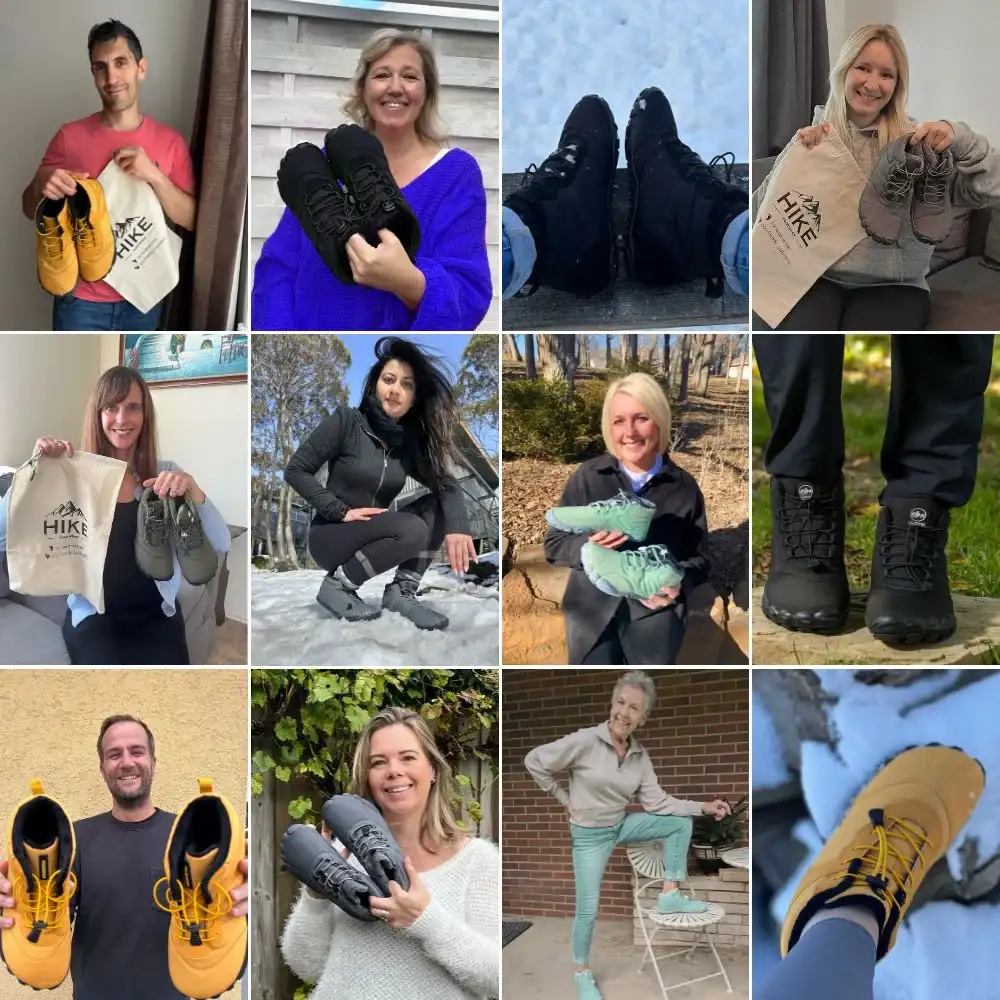 Collage of people holding or wearing different hiking boots.