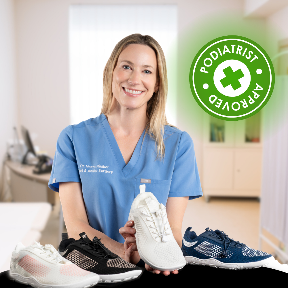 Person in scrubs holding sneakers, with 'Podiatrist Approved' badge.