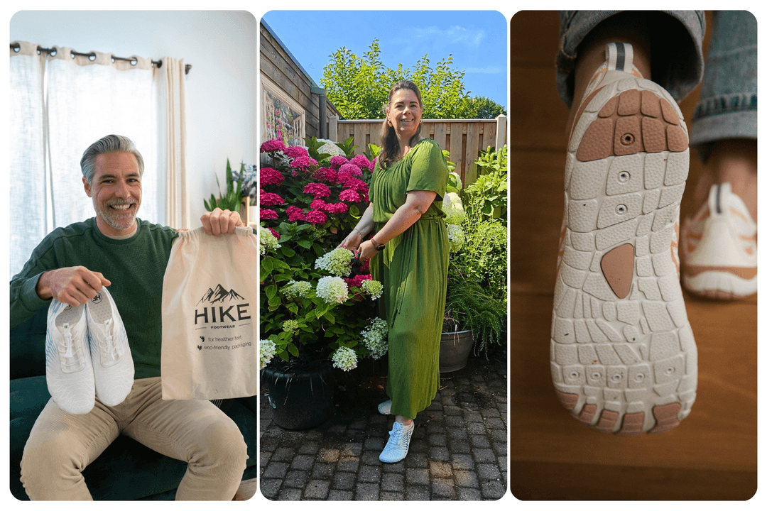 Three images: man holding shoes, woman in garden, close-up of shoe sole.