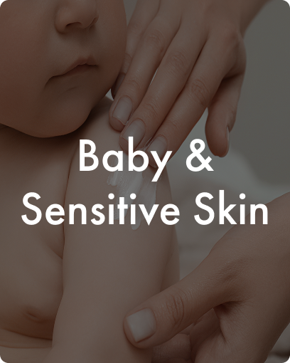 Baby's arm being moisturized with text overlay 'Baby & Sensitive Skin'.