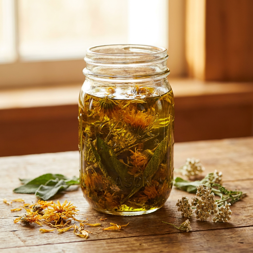 A glass jar filled with oil, herbs, and flowers sits on a rustic wooden table.