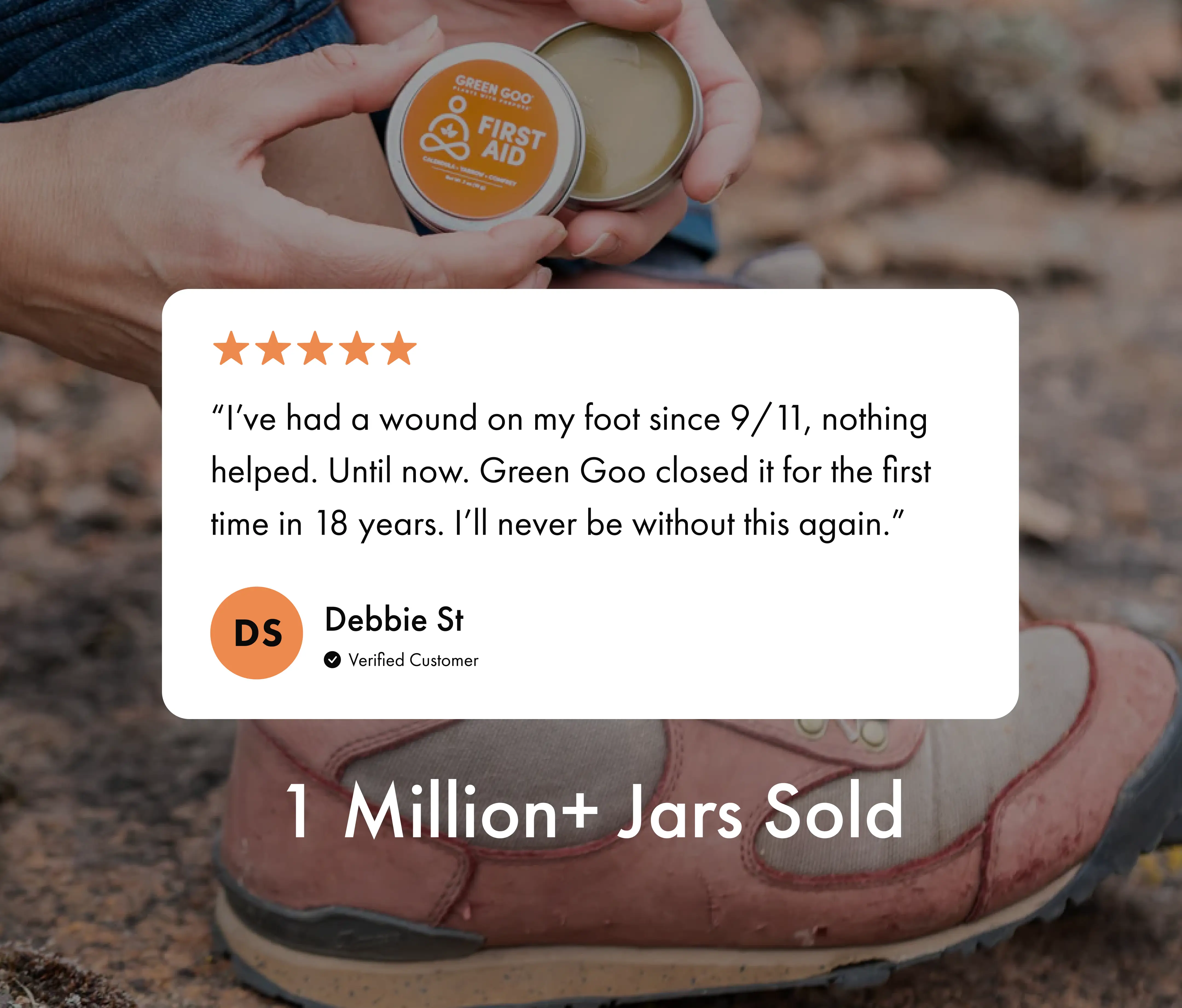 Hands holding a Green Goo First Aid tin, with a testimonial overlay.