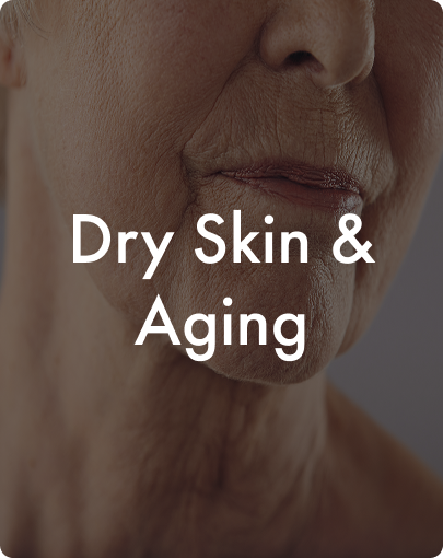 Close-up of an older person's face with text 'Dry Skin & Aging' overlaid.