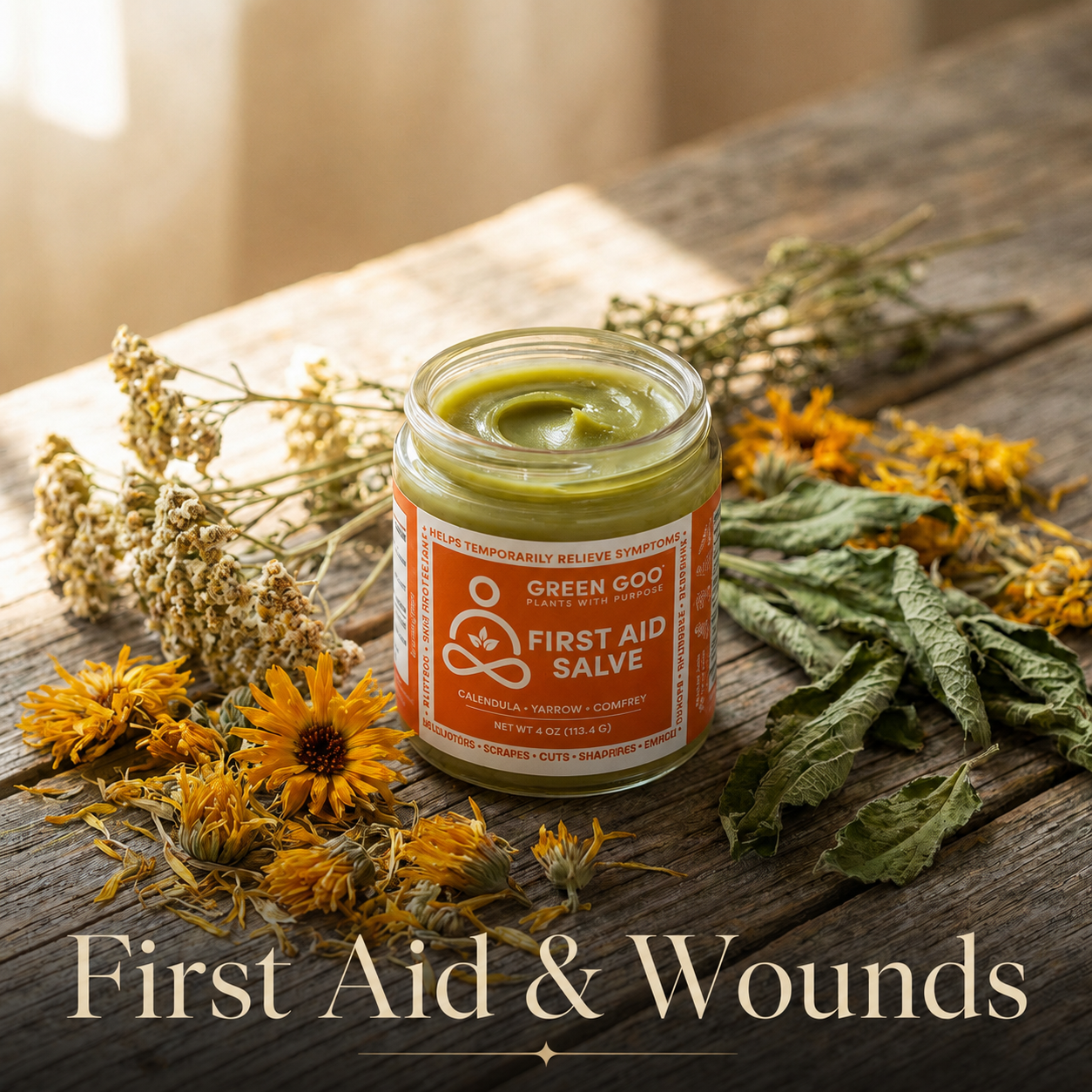 Jar of First Aid surrounded by herbs