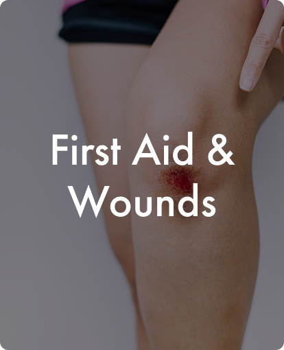 Person's injured knee with text overlay 'First Aid & Wounds.'