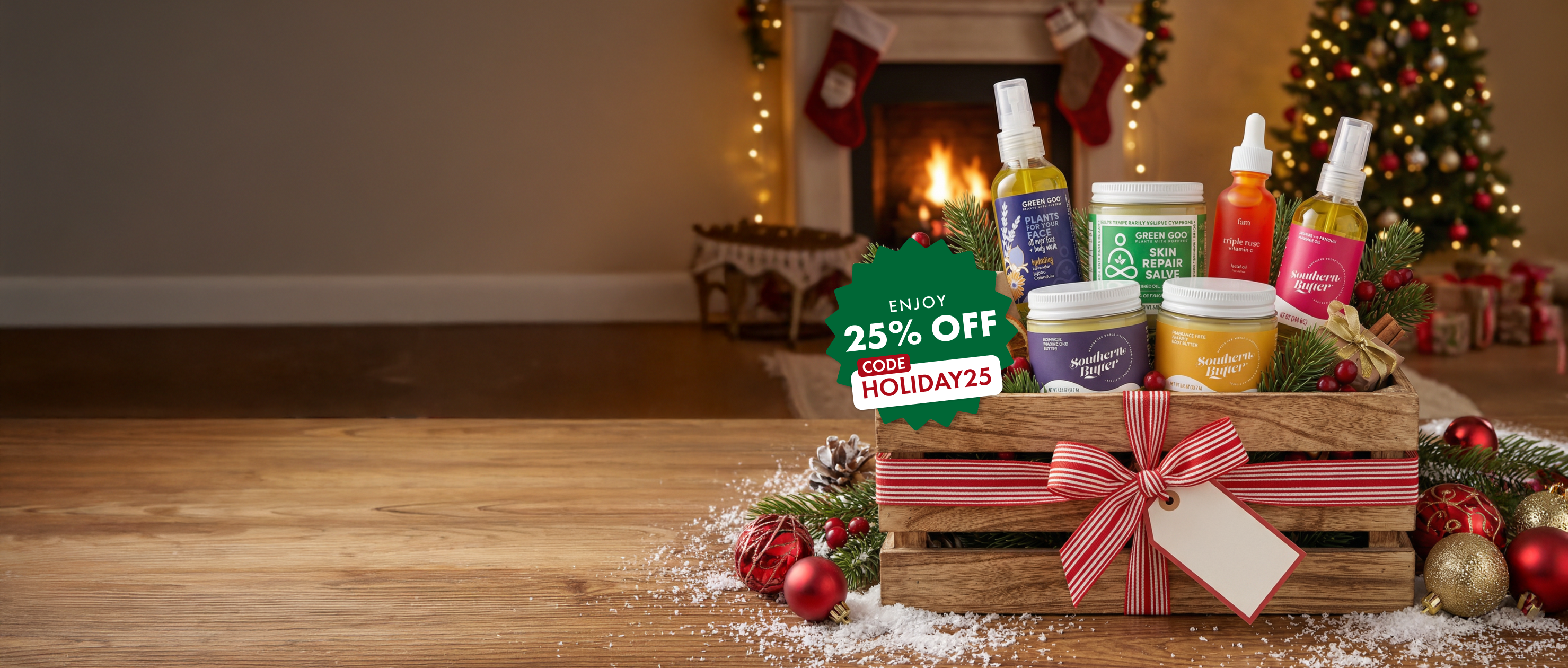 Wooden crate with skincare products and festive decorations by a fireplace.