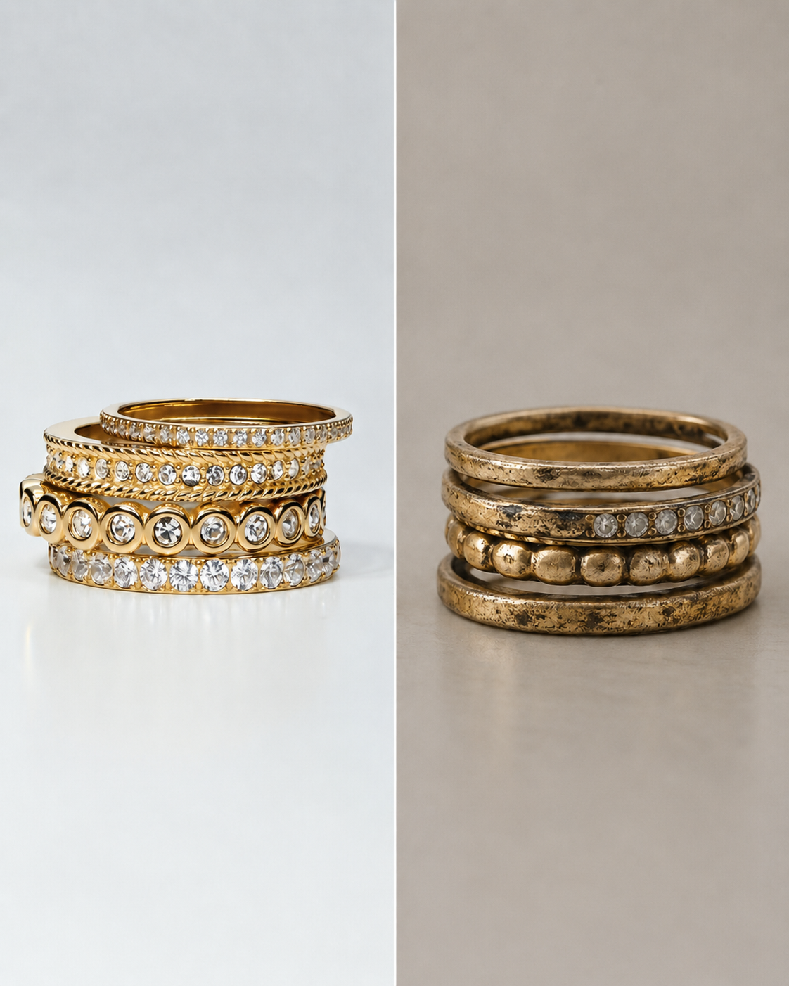 A split image showing a stack of shiny new gold rings and a stack of tarnished gold rings.
