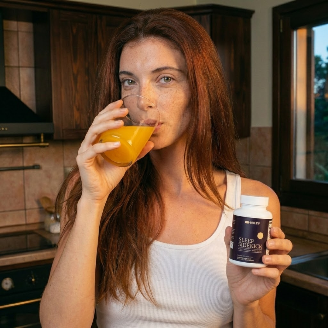 A woman with red hair drinks juice from a glass while holding a bottle of supplements.
