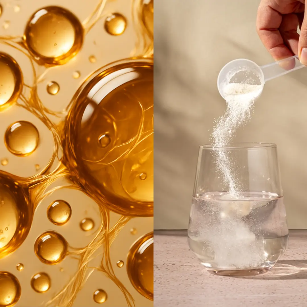 Left: golden bubbles; Right: powder pouring into a glass of water.