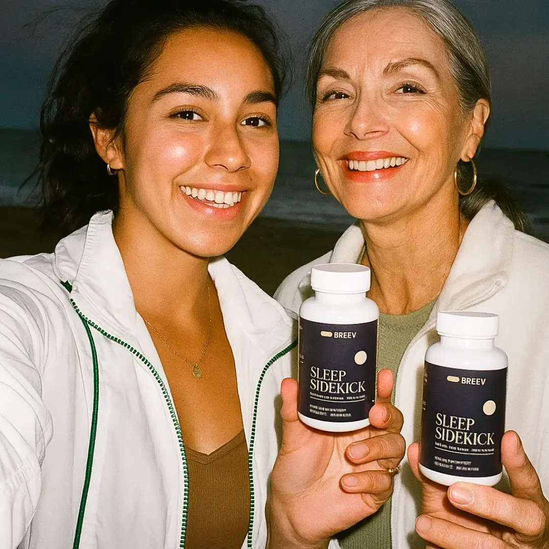 Two women smiling, holding bottles labeled 'Sleep Sidekick' near a beach.