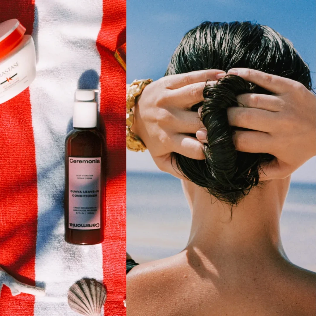 Hair products on a beach towel and person with hair wrapped in a bun.