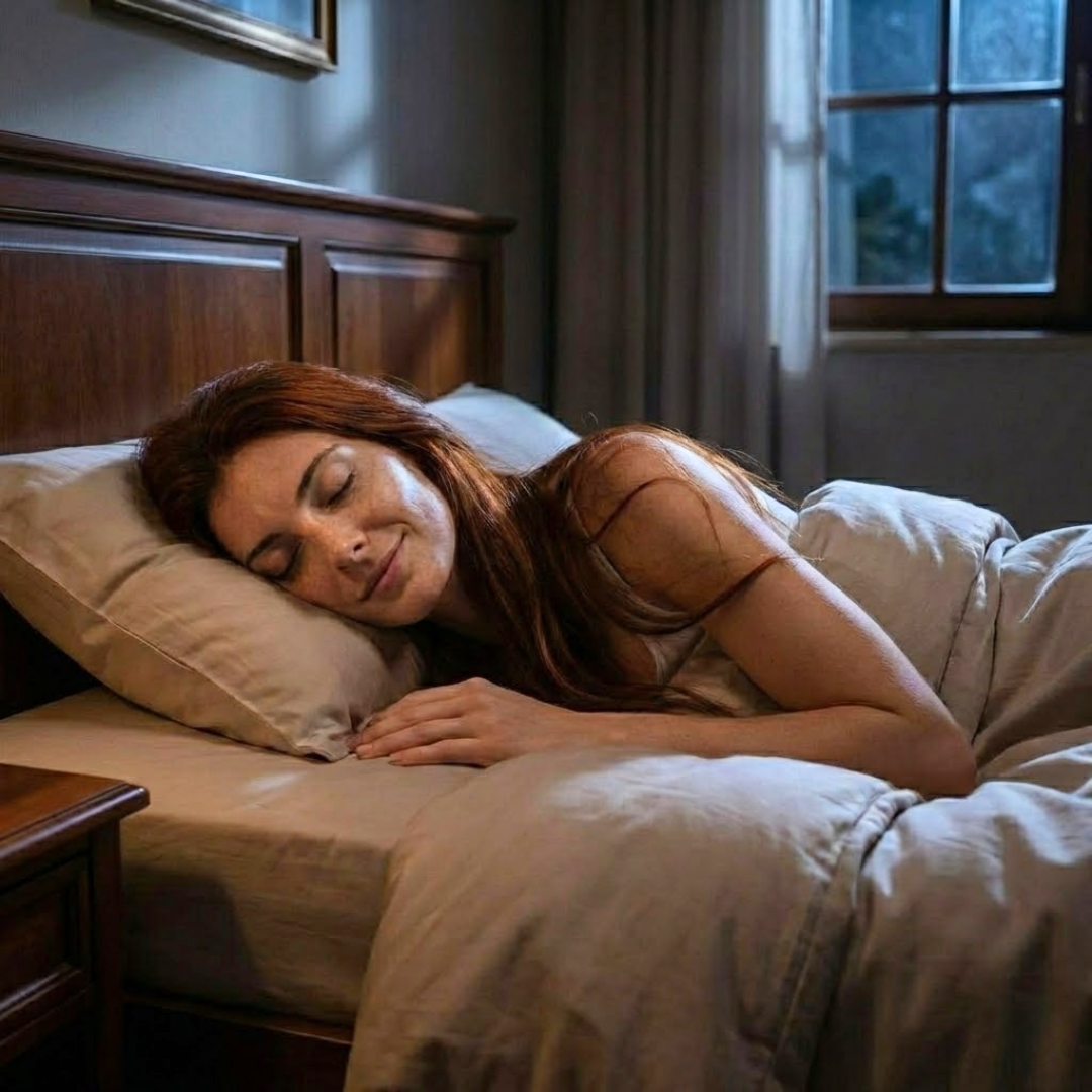 A red-haired woman with her eyes closed, smiling as she lies in bed under a comforter.