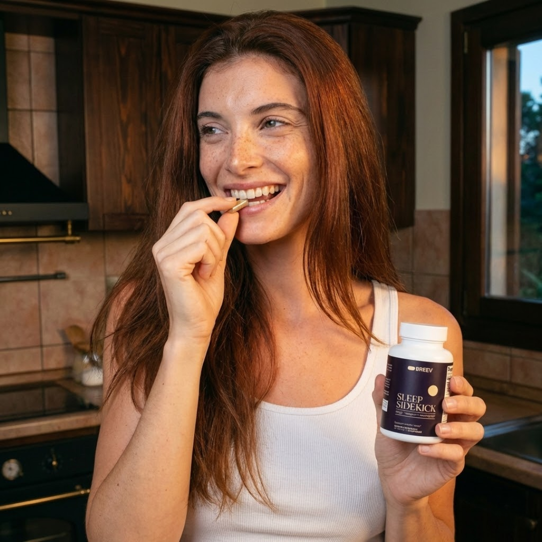 A smiling woman with long red hair takes a capsule while holding a bottle of supplements.