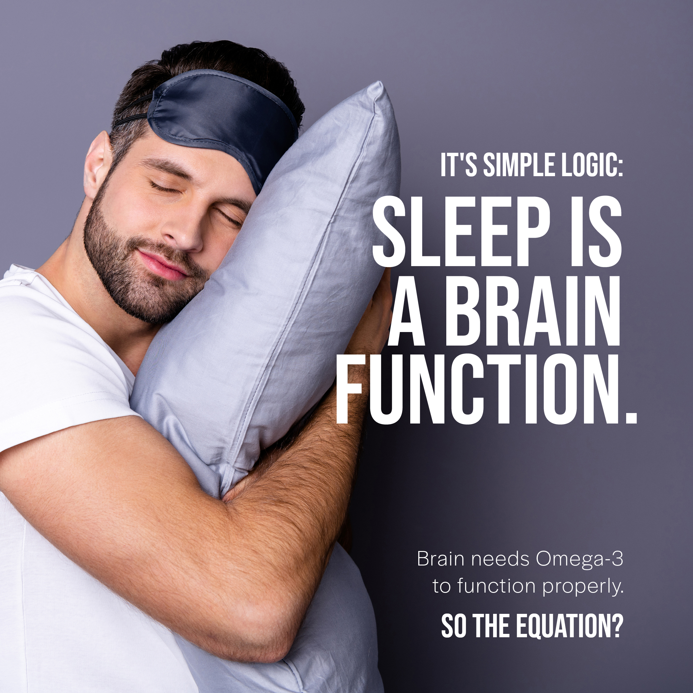 Man with sleep mask hugging pillow, text about sleep and brain function.