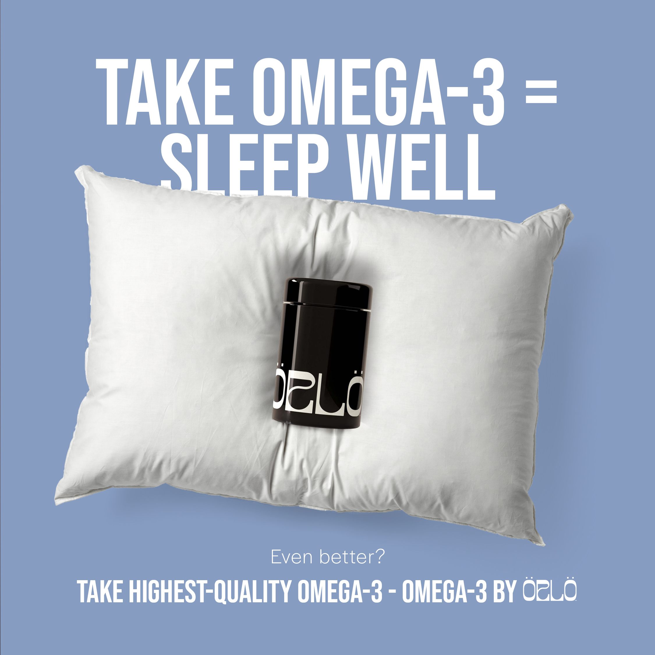 Black container on a white pillow with text promoting Omega-3 for better sleep.
