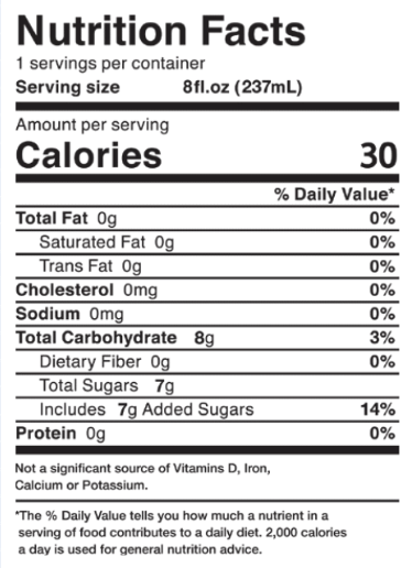 Nutrition facts label showing calories and macronutrient information per 8 fl. oz serving.