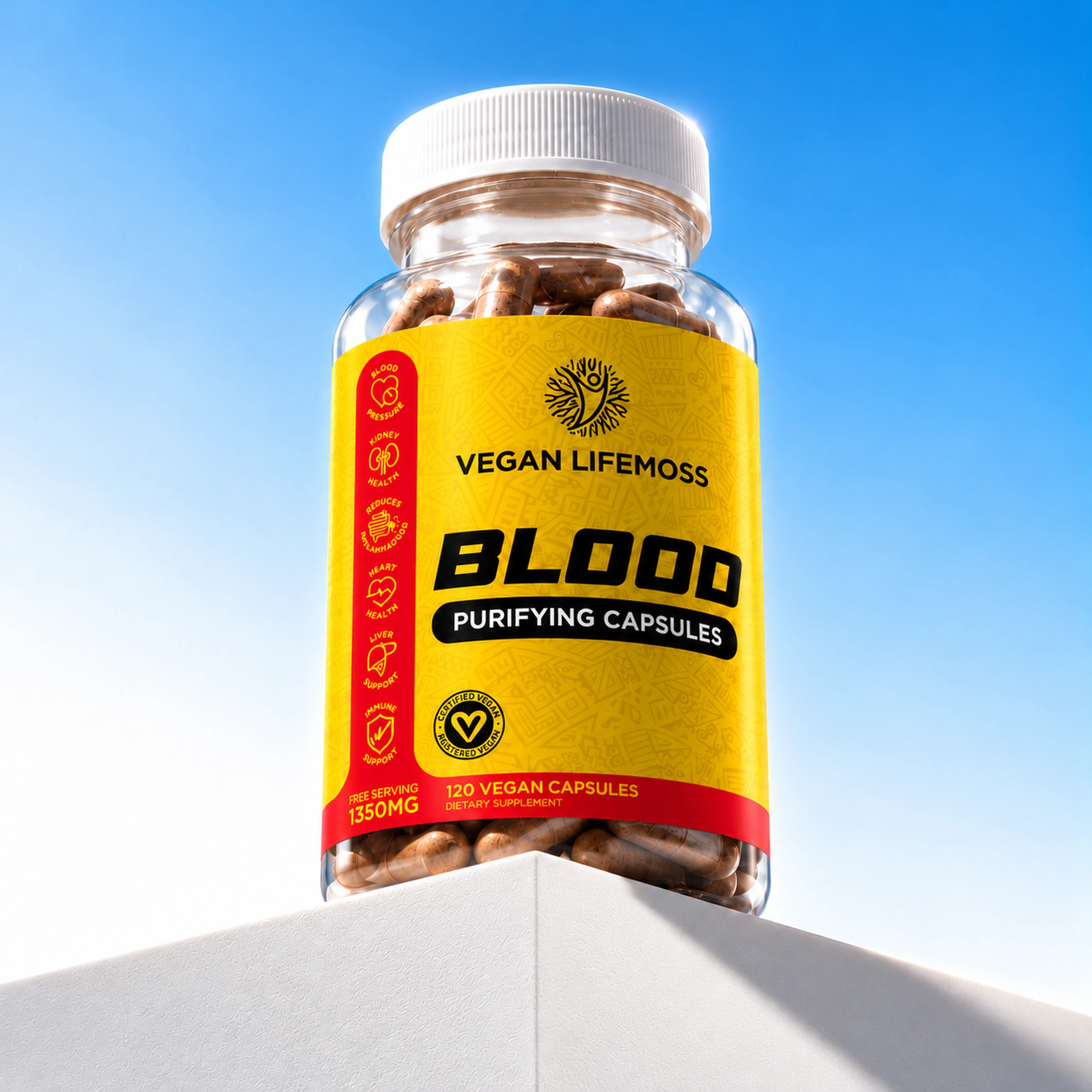 A bottle of Vegan Lifemoss Blood Purifying Capsules on a white surface against a bright blue sky.