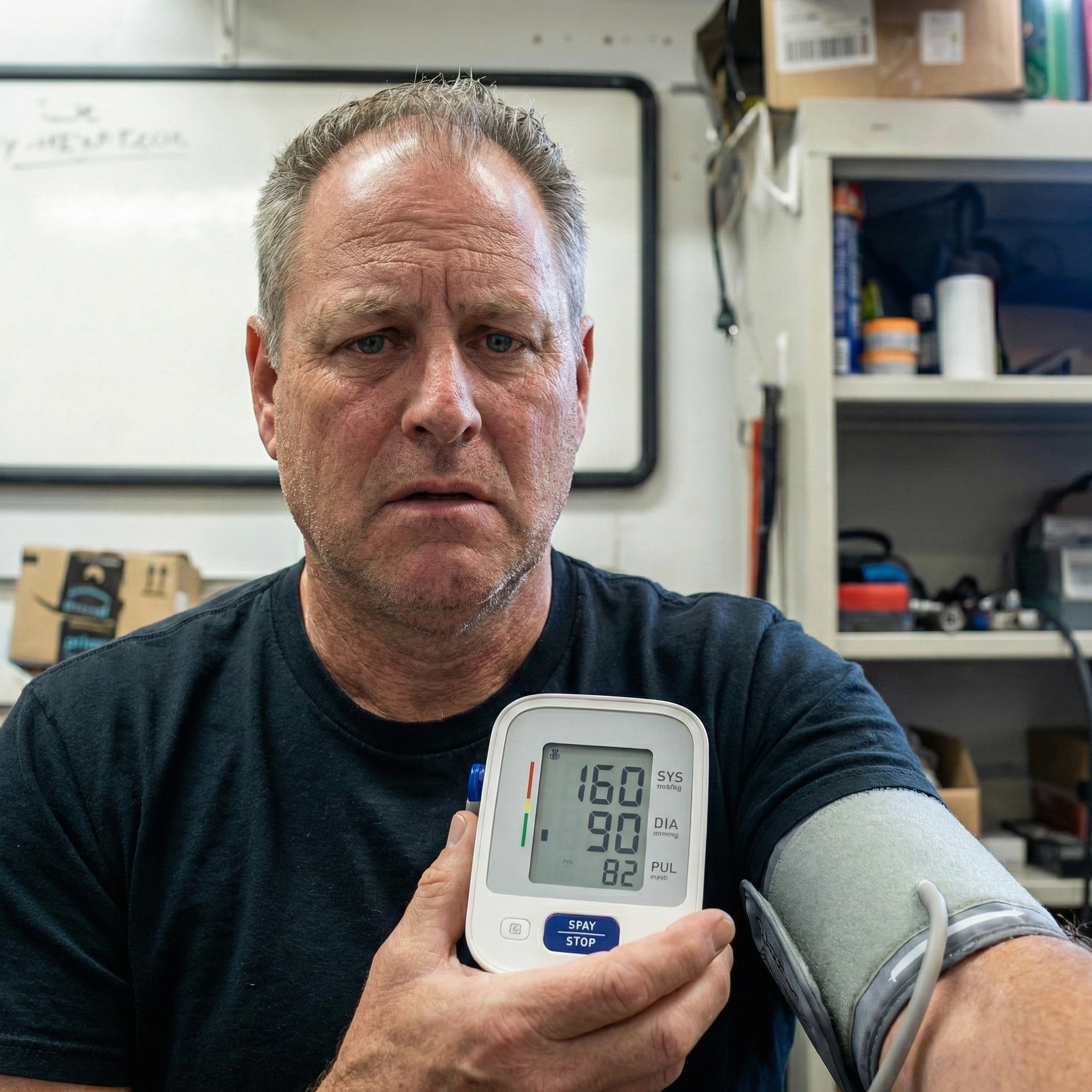 A man with a concerned expression holds a blood pressure monitor showing a reading of 160 over 90.