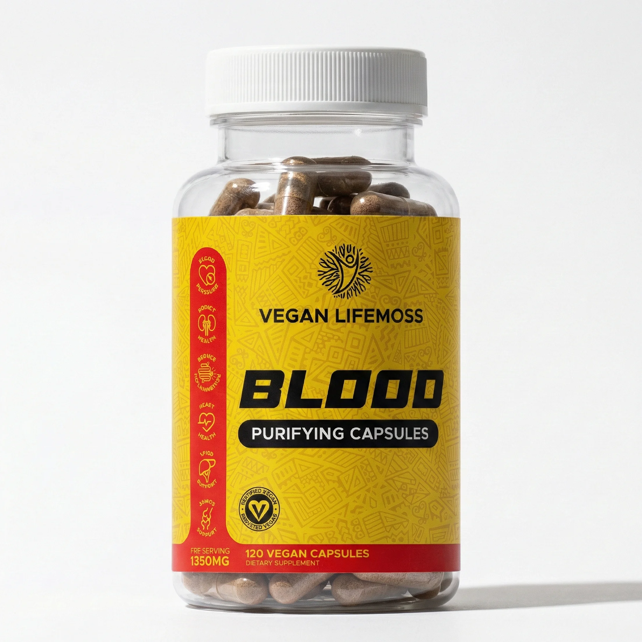 A clear bottle of Vegan Lifemoss Blood Purifying Capsules with a yellow label on a white background.