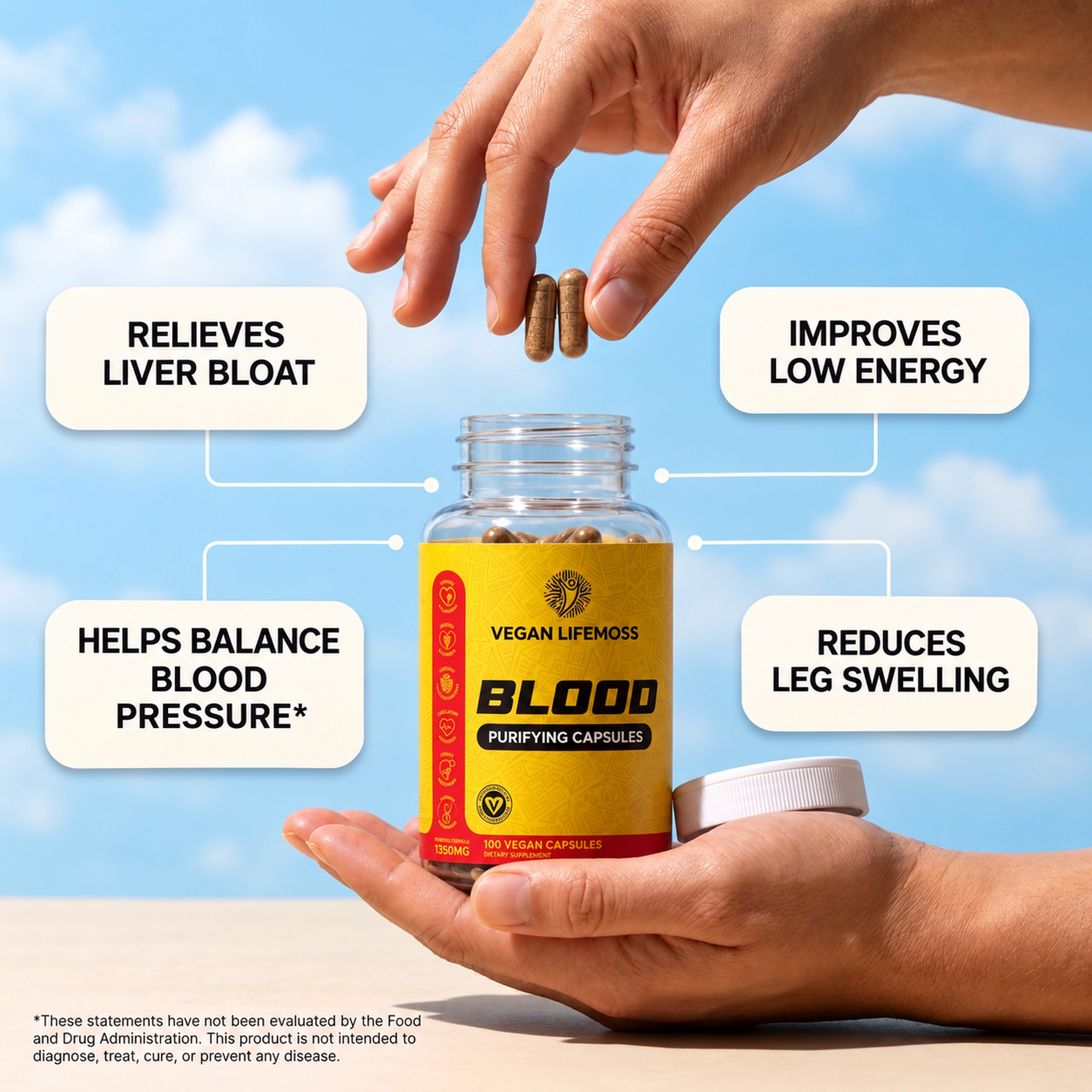 An ad for Vegan Lifemoss Blood Purifying Capsules showing hands holding the bottle and capsules.