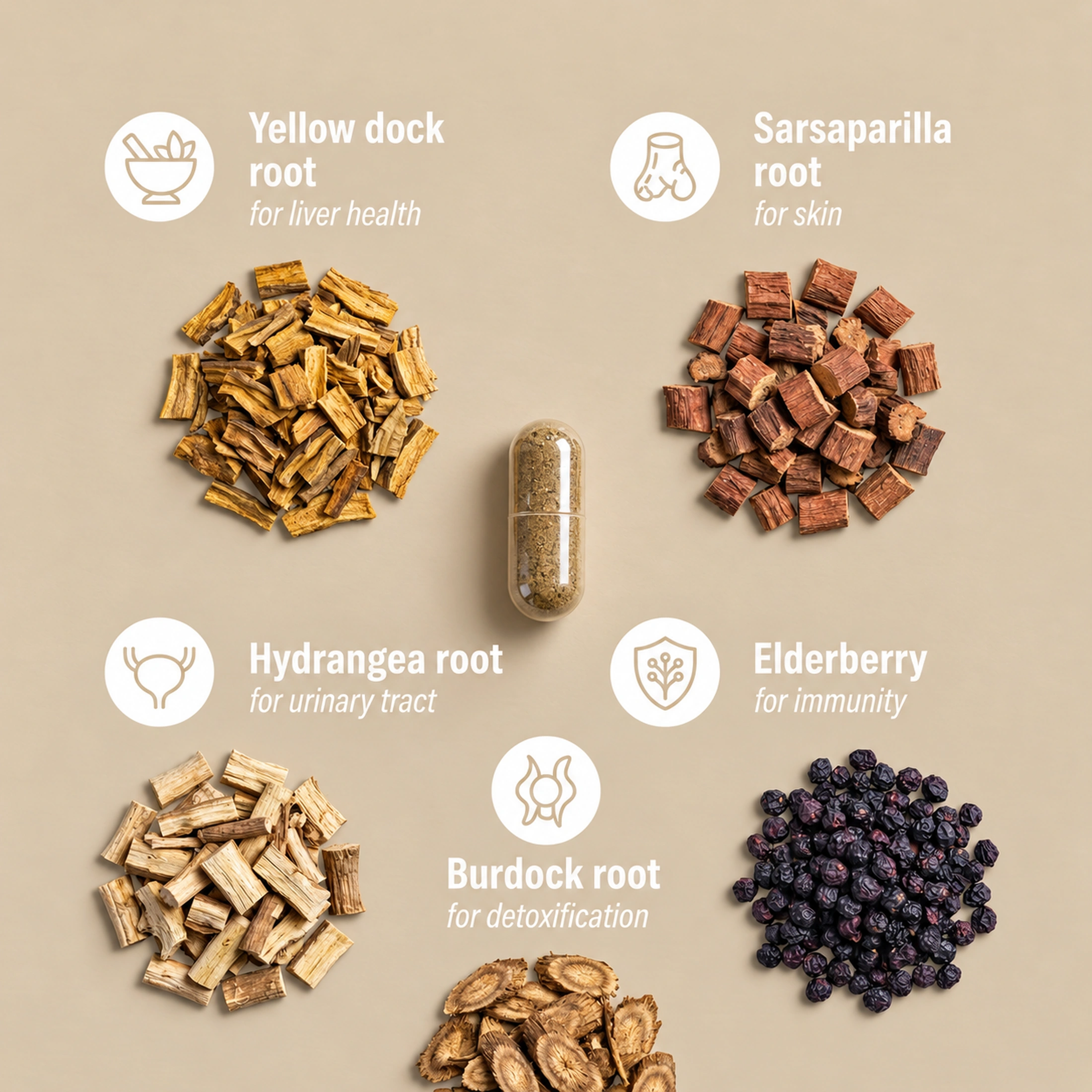 An infographic shows a capsule surrounded by five herbs: yellow dock, sarsaparilla, hydrangea, burdock, and elderberry.