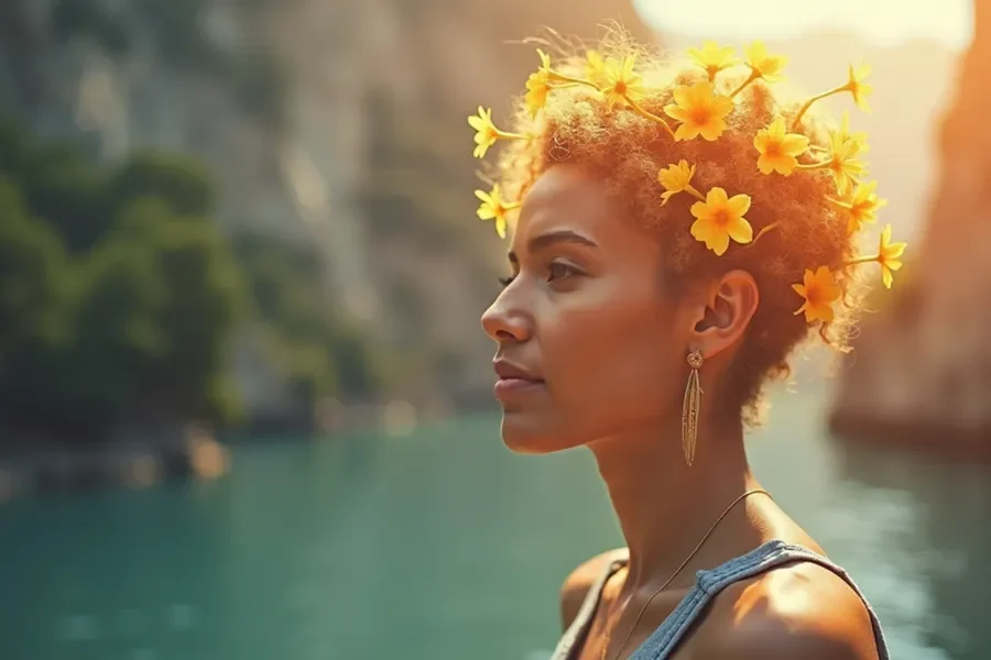 Person with yellow flowers in hair, standing near a body of water.