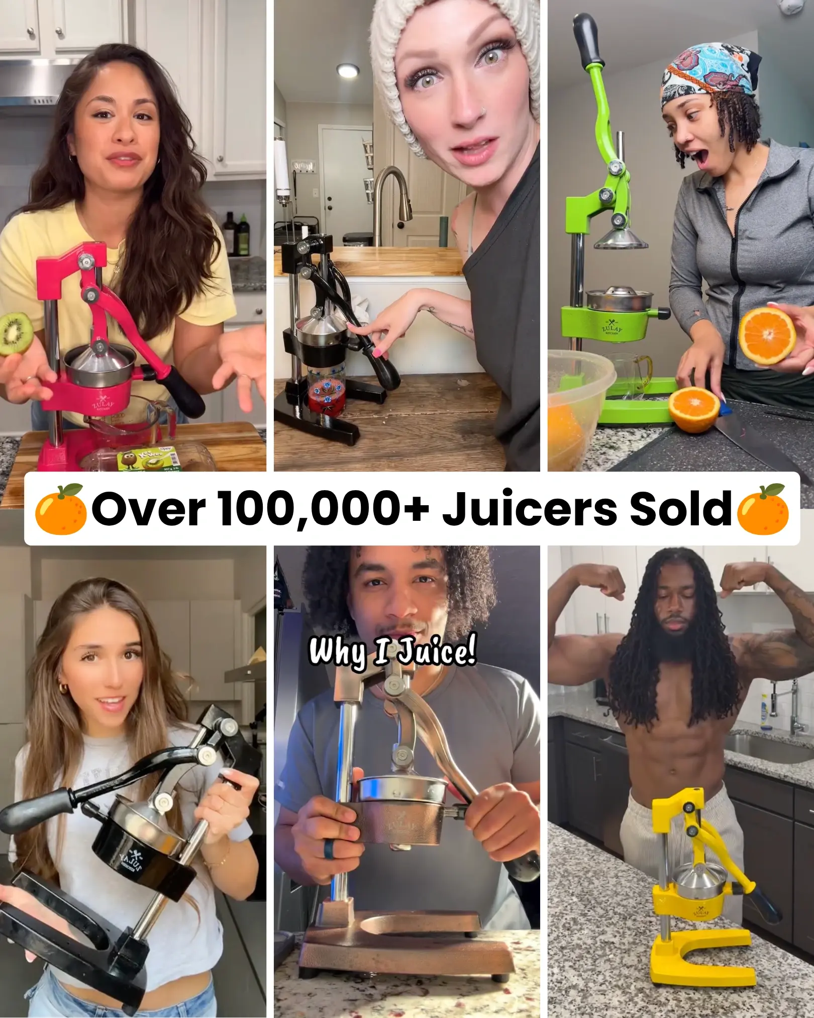 A collage of six people using colorful manual lever-style juicers with text saying 'Over 100,000+ Juicers Sold'.