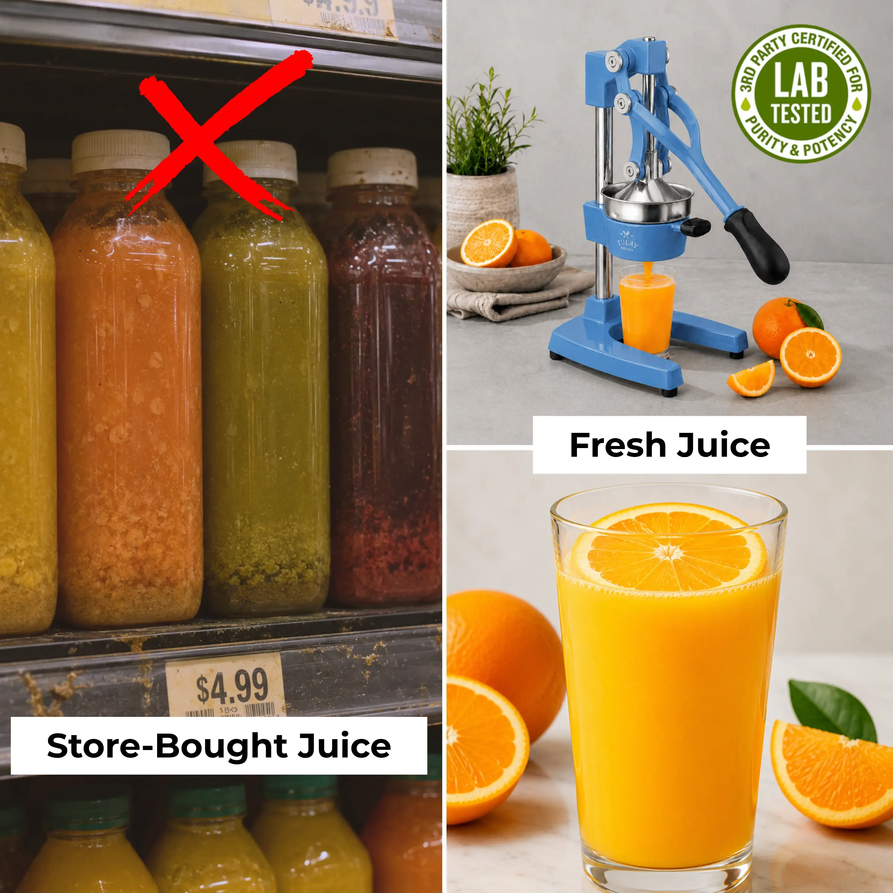 A collage contrasting store-bought juice with fresh orange juice made from a manual press.