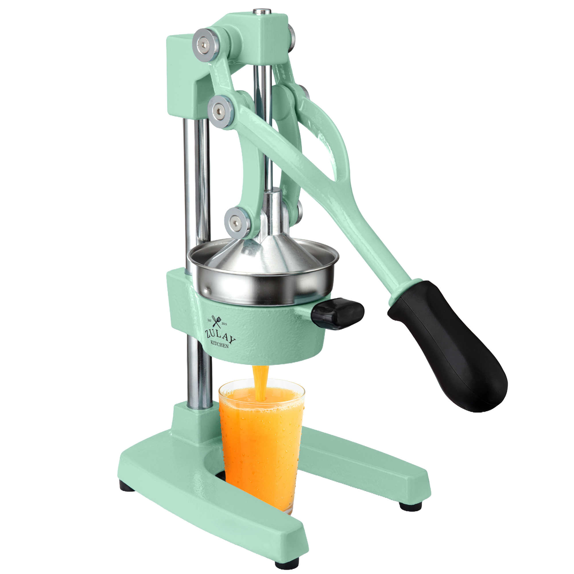 A mint green manual citrus press is squeezing orange juice into a clear glass against a white background.