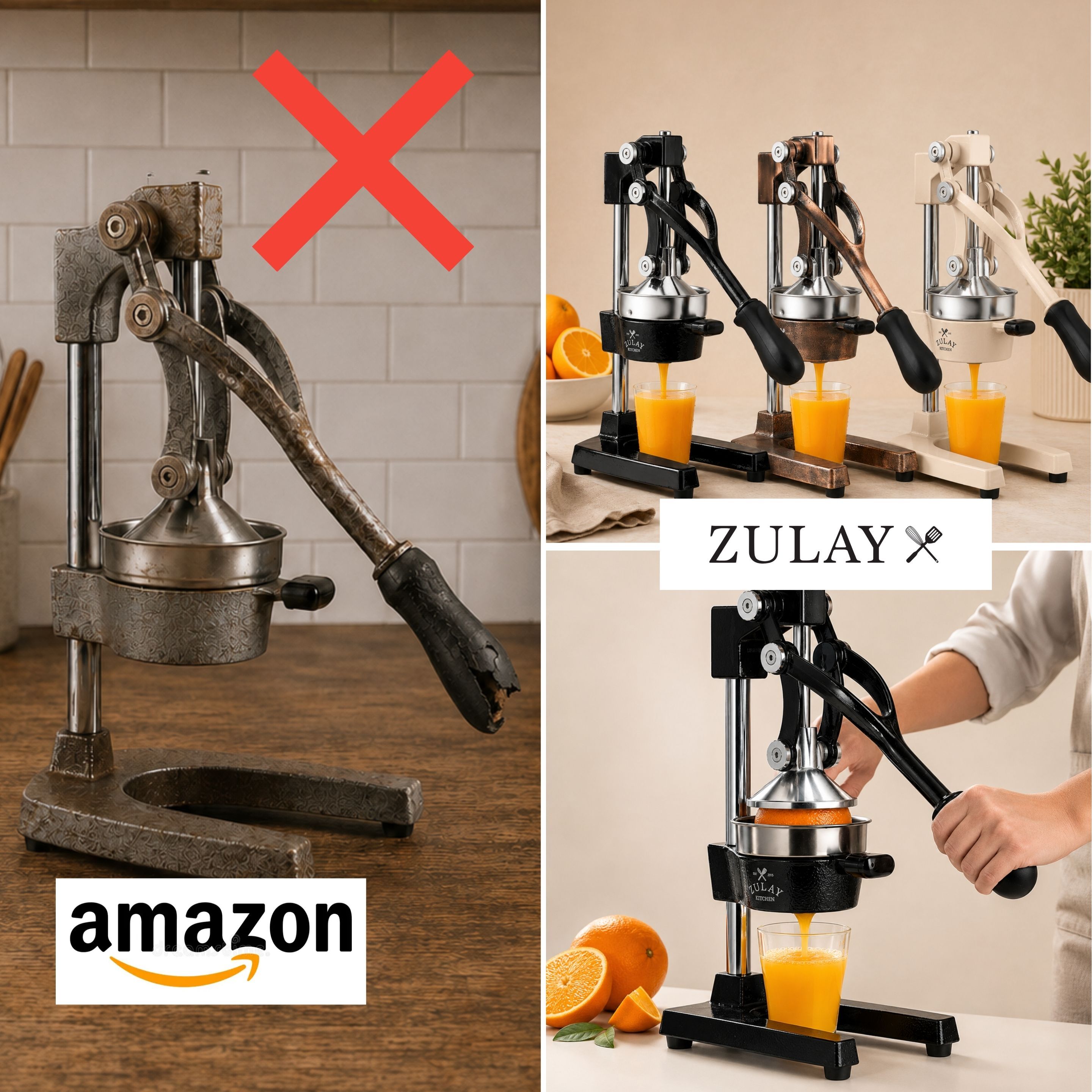 A collage comparing an old, worn-out citrus press to new, colorful Zulay citrus presses juicing oranges.