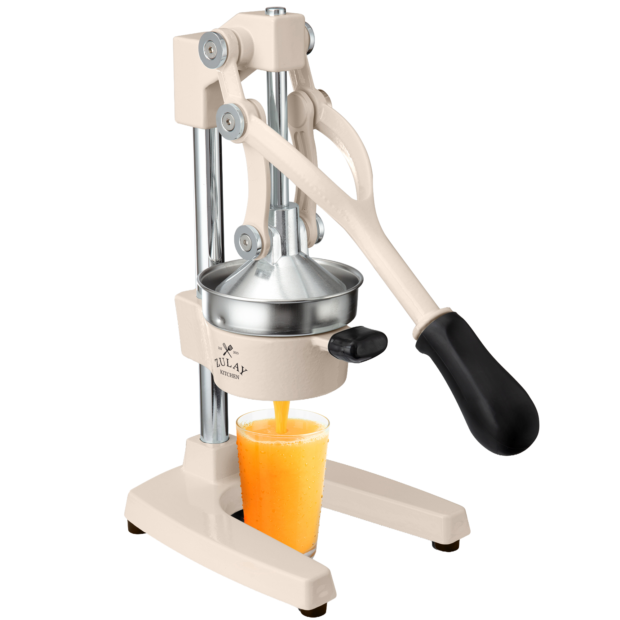 A beige manual citrus press squeezing orange juice into a clear glass against a white background.