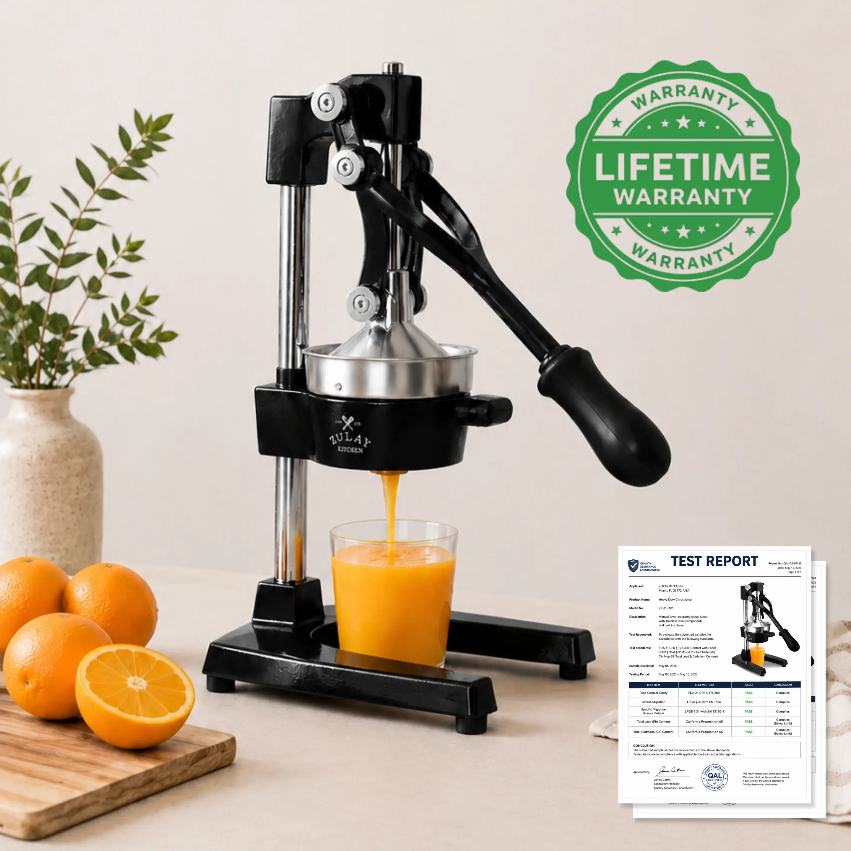 A black manual press juicer squeezes orange juice into a glass next to whole oranges and promotional graphics.