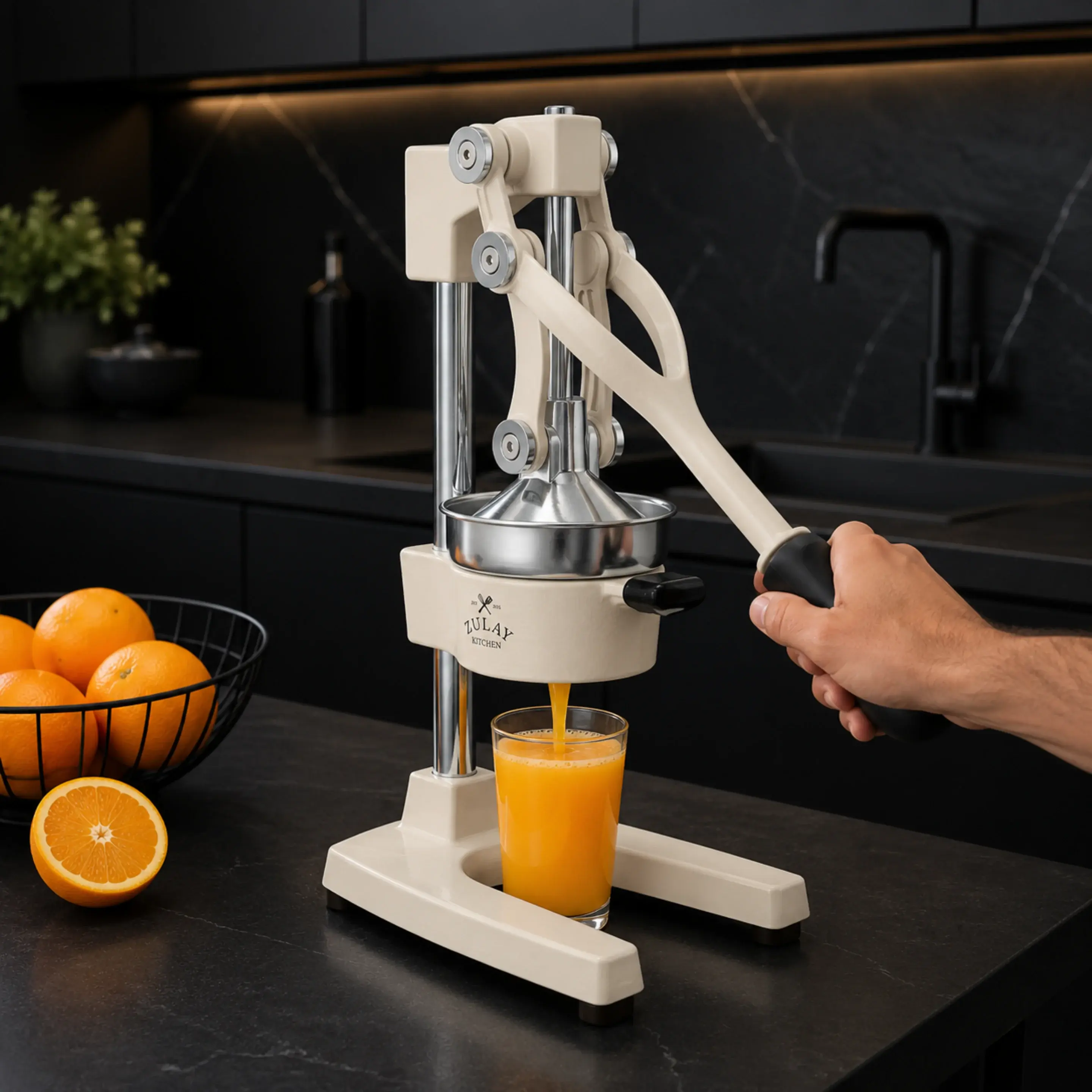 A person uses a manual lever press to squeeze fresh orange juice into a glass in a kitchen.