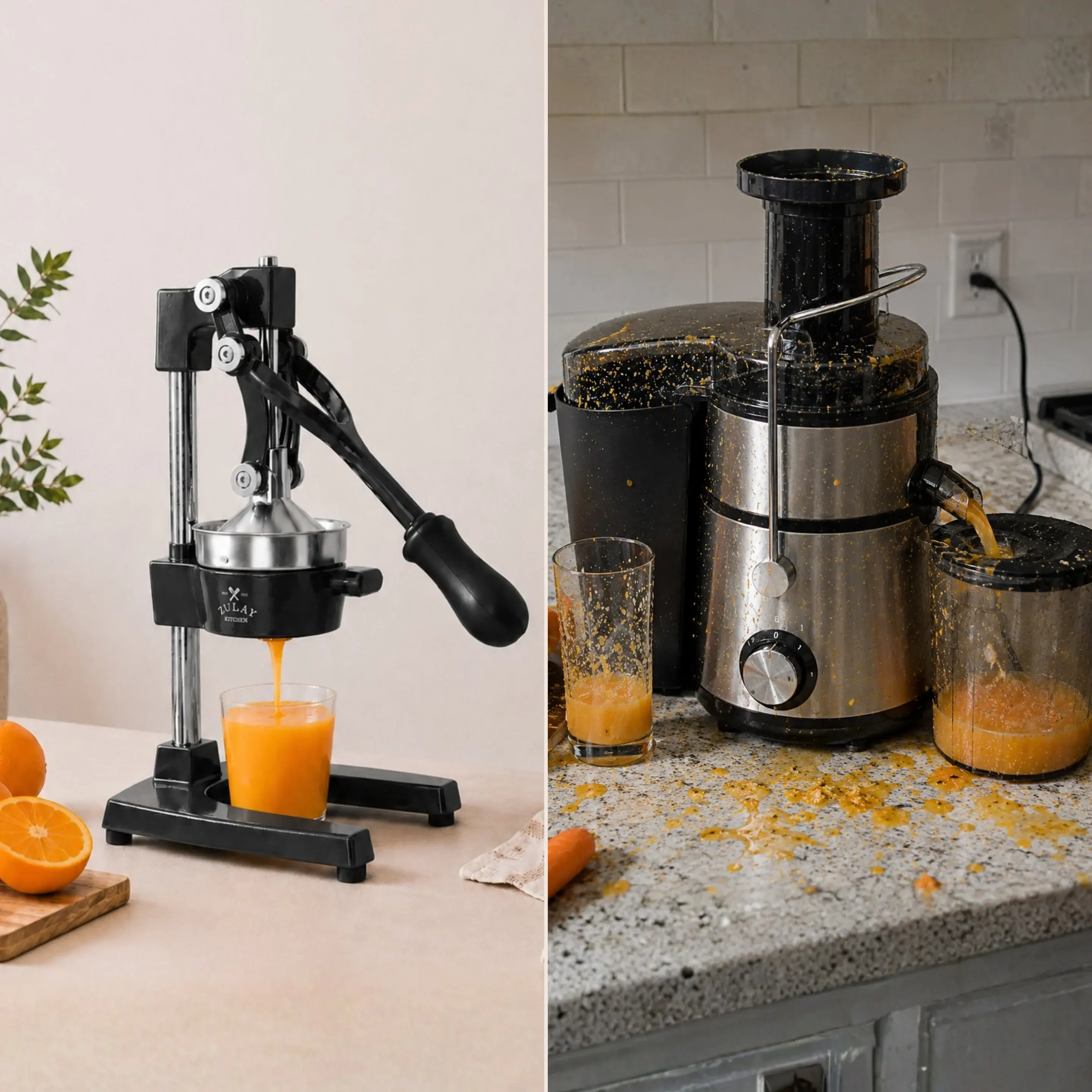 A split image showing a clean manual citrus press next to a messy electric juicer.