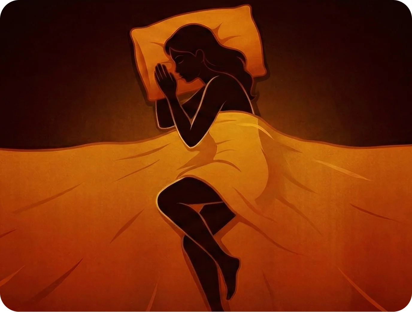 An overhead illustration of a silhouetted woman sleeping peacefully in a bed with warm, orange tones.