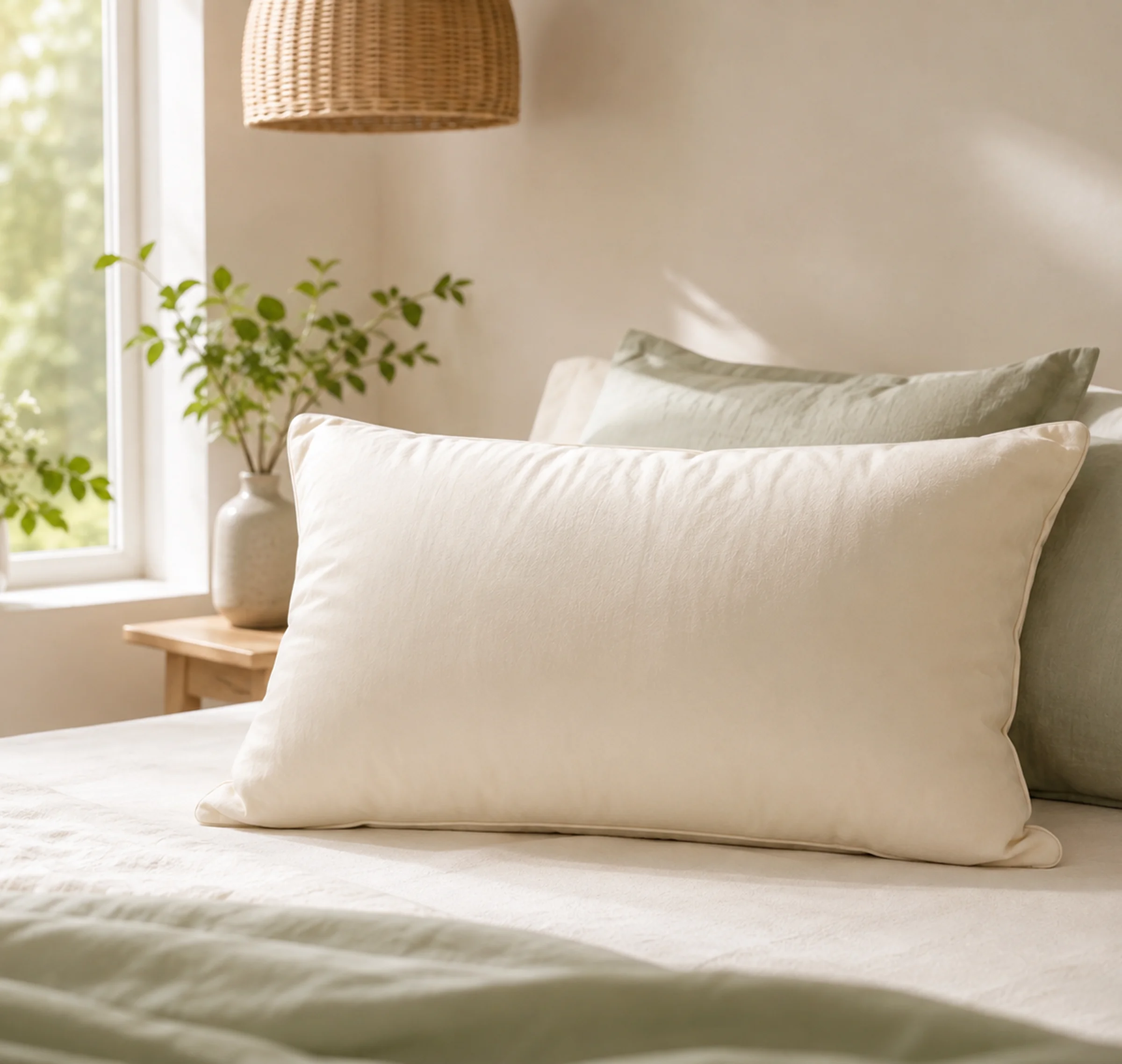 An off-white pillow rests on a bed with light green linens in a sunlit, modern bedroom.