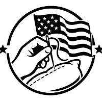 A black and white logo showing a hand sewing with an American flag in the background.