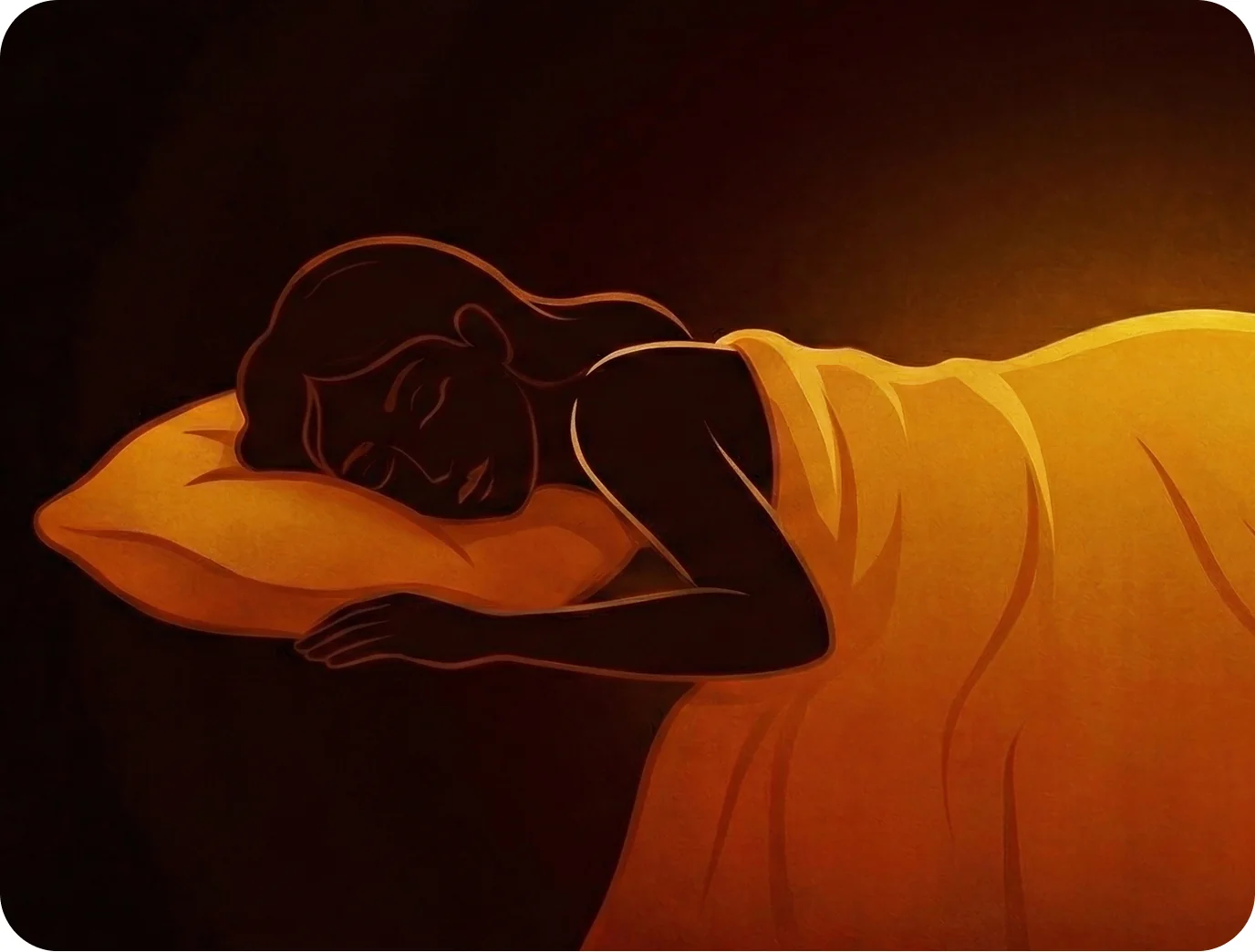 A stylized illustration of a person with dark skin sleeping soundly in bed under a golden blanket.