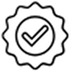 A black and white line icon of a checkmark inside a circular seal with a wavy border.