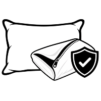 A line drawing of a pillow, a zippered pillow protector, and a shield icon with a checkmark.