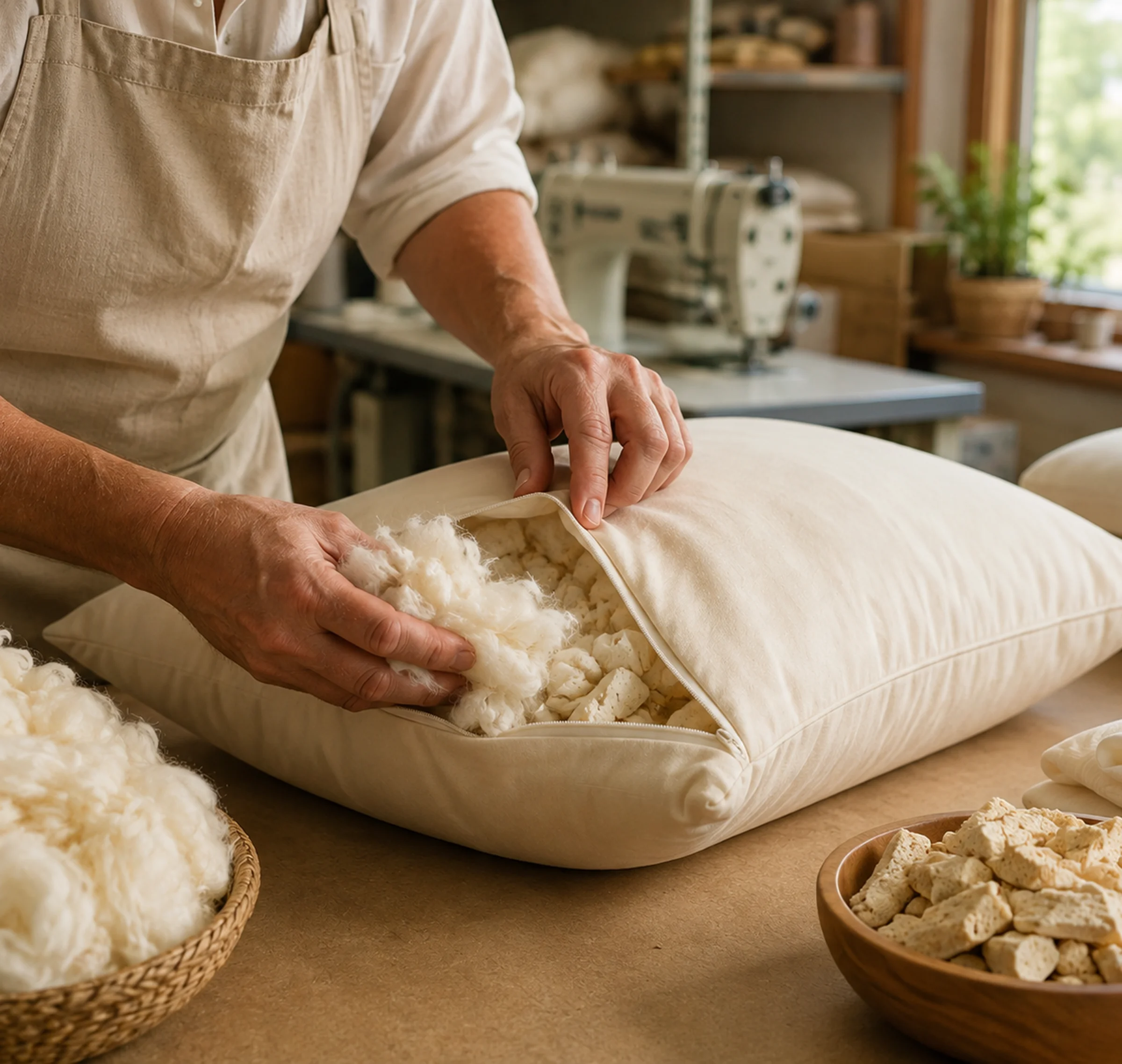 A person in an apron stuffs a pillow with wool and other filling materials in a workshop.
