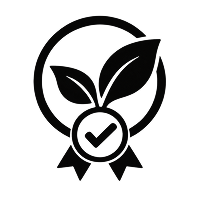 A black icon of a seal with two leaves and a checkmark.