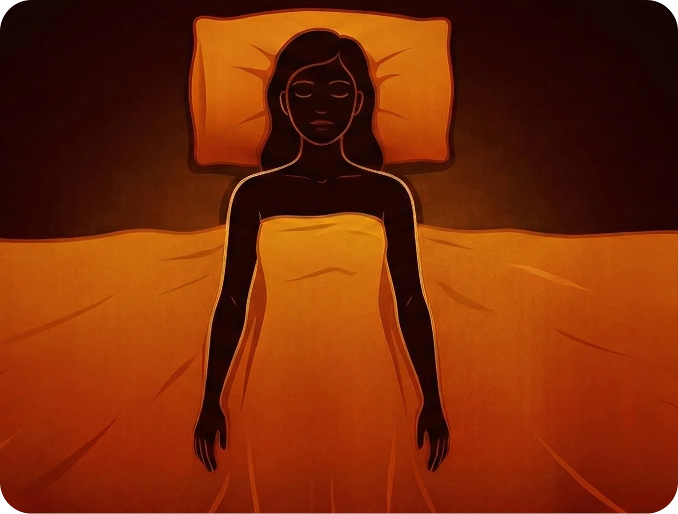 A stylized, top-down illustration of a woman with her eyes closed, lying in bed.