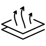 A line icon showing arrows rising from two stacked layers, indicating breathability or airflow.