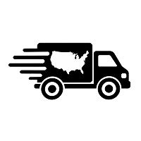 A black icon of a delivery truck in motion with a map of the United States on its side.