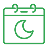 A green icon of a calendar with a crescent moon on it.