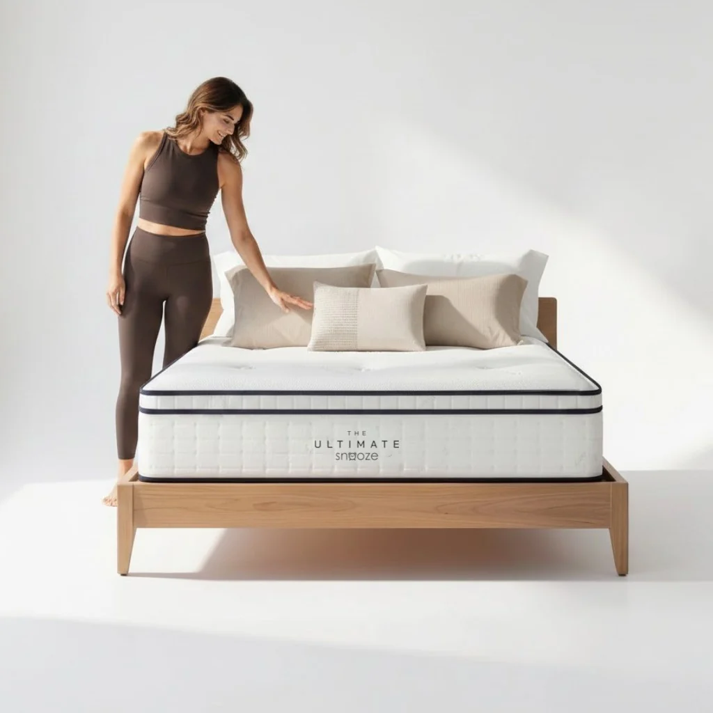 A woman in athletic wear stands beside a bed, touching a pillow on the mattress.