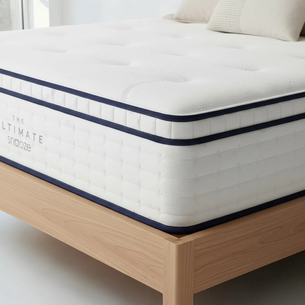 A close-up of a white mattress with blue piping on a light-colored wooden bed frame.